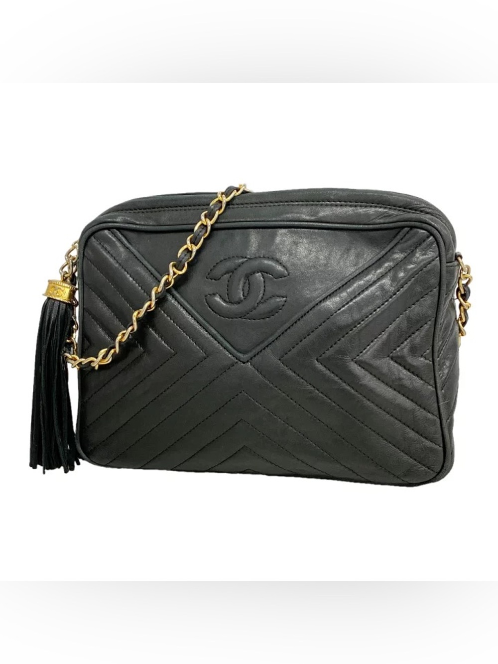 Authentic CHANEL quilted tassel medium camera leather crossbody bag